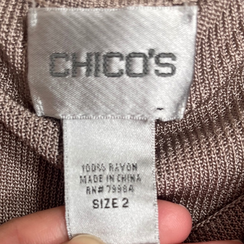 Chico's Size 2 Taupe Metallic Cowl Neck Knit Top Short Sleeve Rayon Blouse - Picture 2 of 9